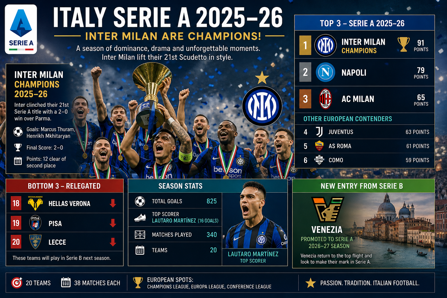 Ultima etapă din Serie A: Como și AS Roma sărbătoresc calificarea în Liga Campionilor, marile favorite clachează