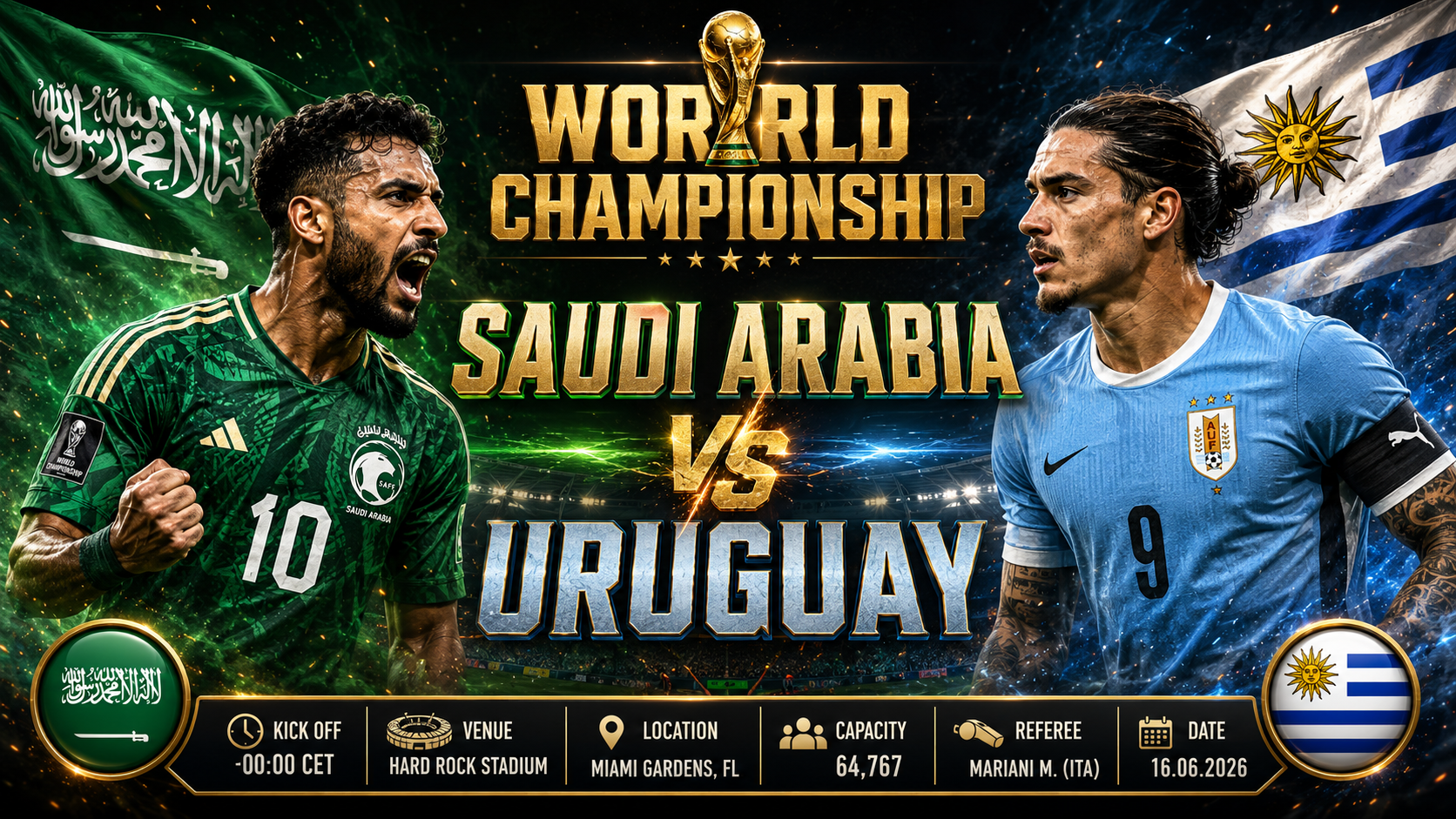 Arabia Saudită - Uruguay : Un test tactic la Miami care va defini șansele de calificare din Grupa H
